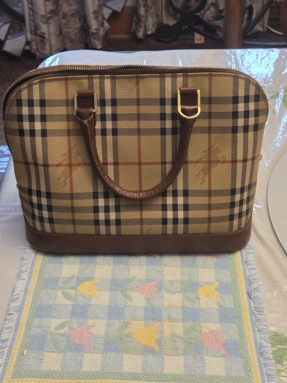 Burberry Beige Plaid Satchel with Brown Leather and Gold Hardware